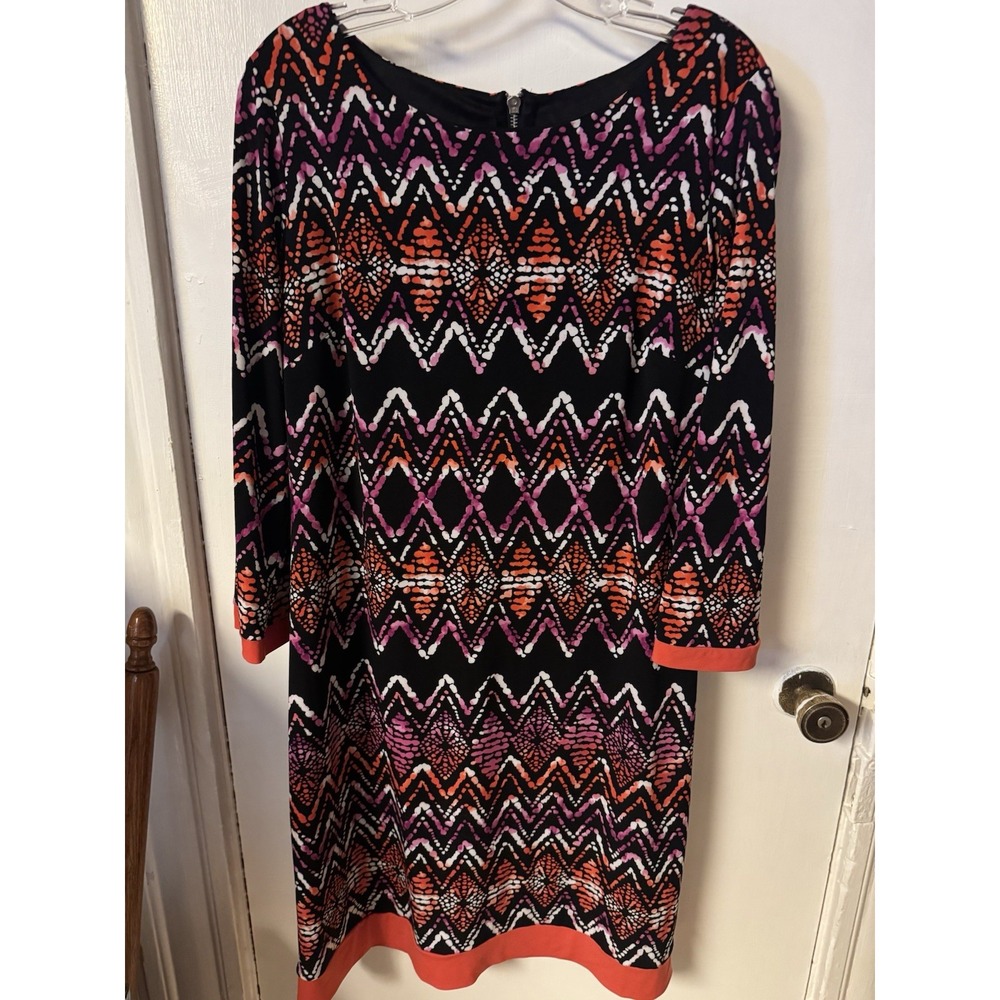 Donna Ricco New York Shift Dress Size 14 Pink/orange/black Zig Zag Pattern